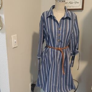 J. Gee Blue Striped Shirt Dress with Belt, Size L